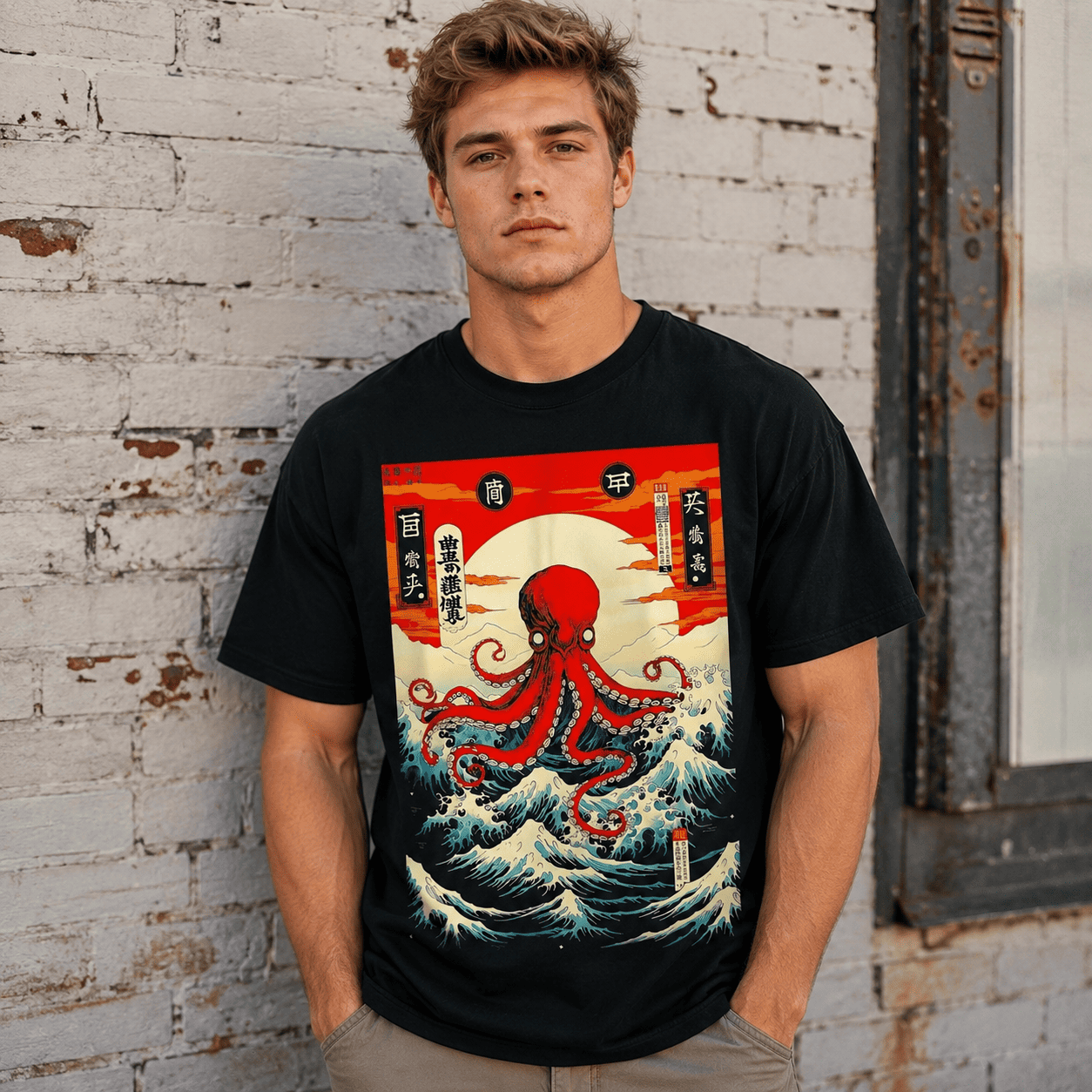 Japanese Octopus Wave Sun T Shirt Anime Style Graphic Travel Casual Tee