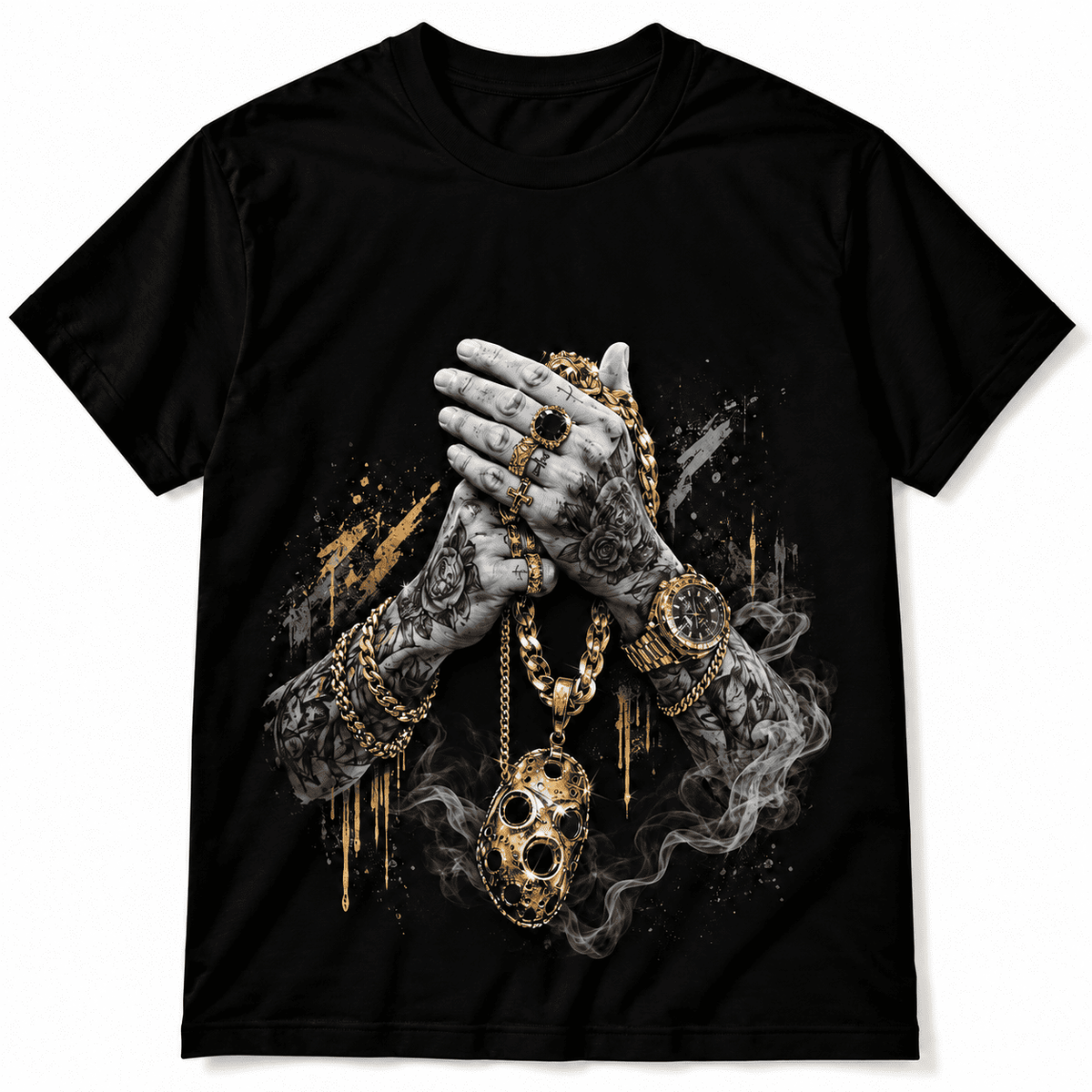 Tattooed Hands Gold Chain Mask Streetwear Men's Graphic T-Shirt