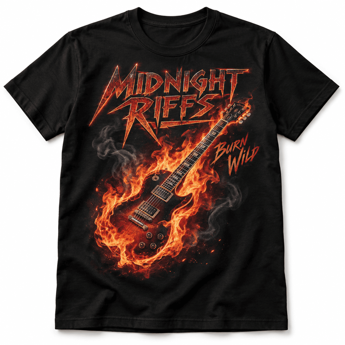 Midnight Riffs Flaming Guitar Heavy Metal Rock Men's Graphic T-Shirt