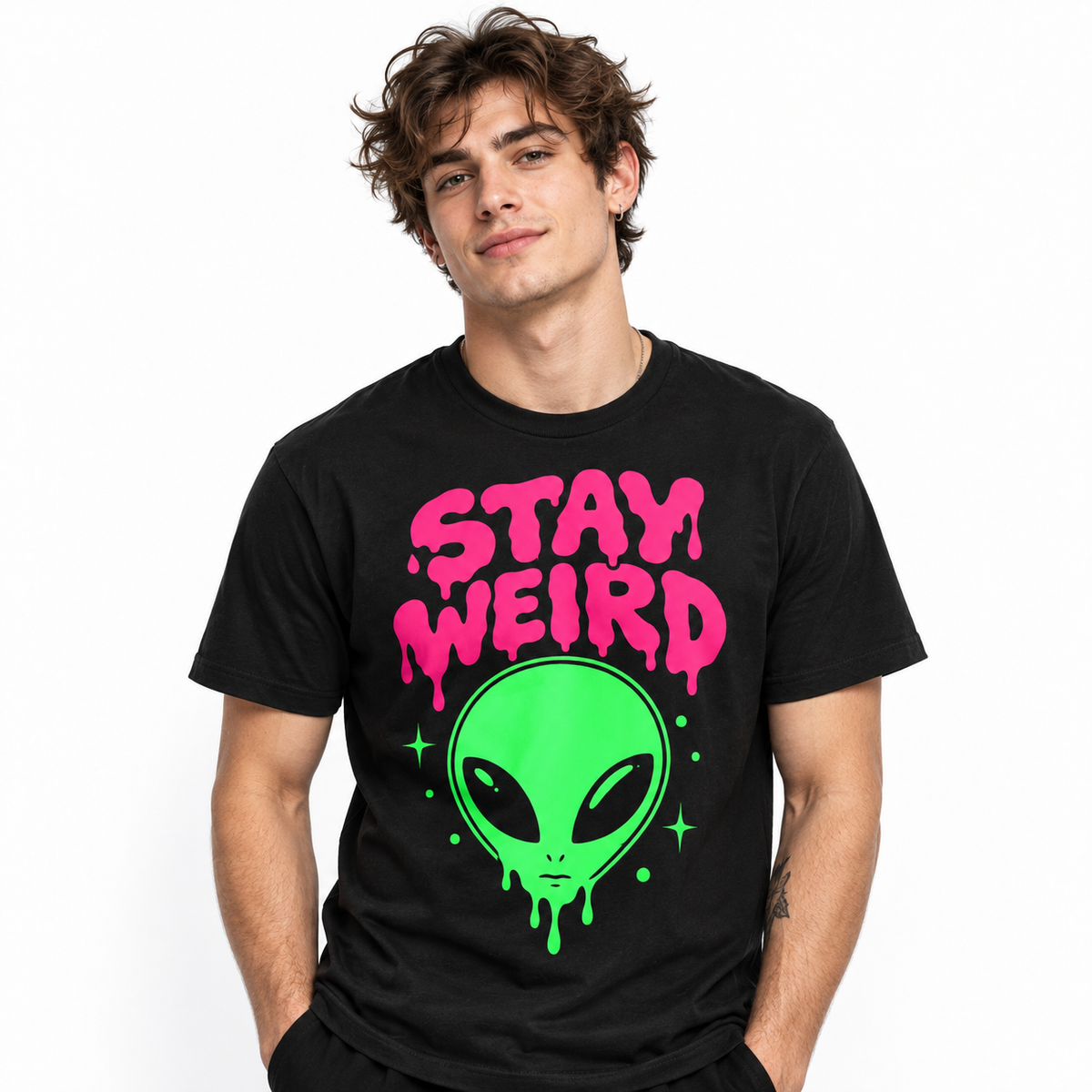 Stay Weird Neon Alien Retro Funny Men's Graphic T-Shirt