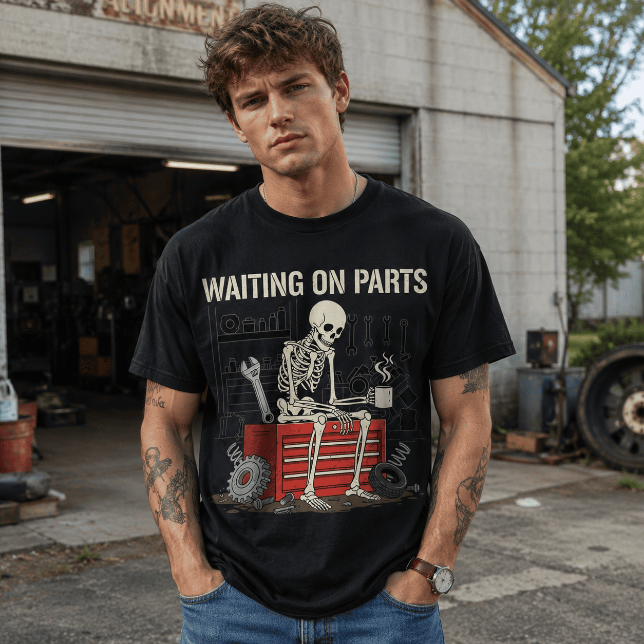Funny Mechanic Skeleton T-Shirt | Waiting On Parts Graphic Tee