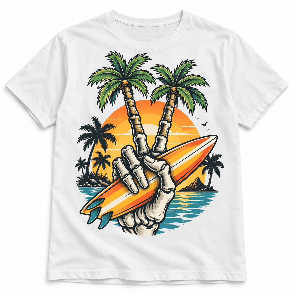 Skeleton Peace Sign Surfboard Tropical Sunset Men's Graphic T-Shirt