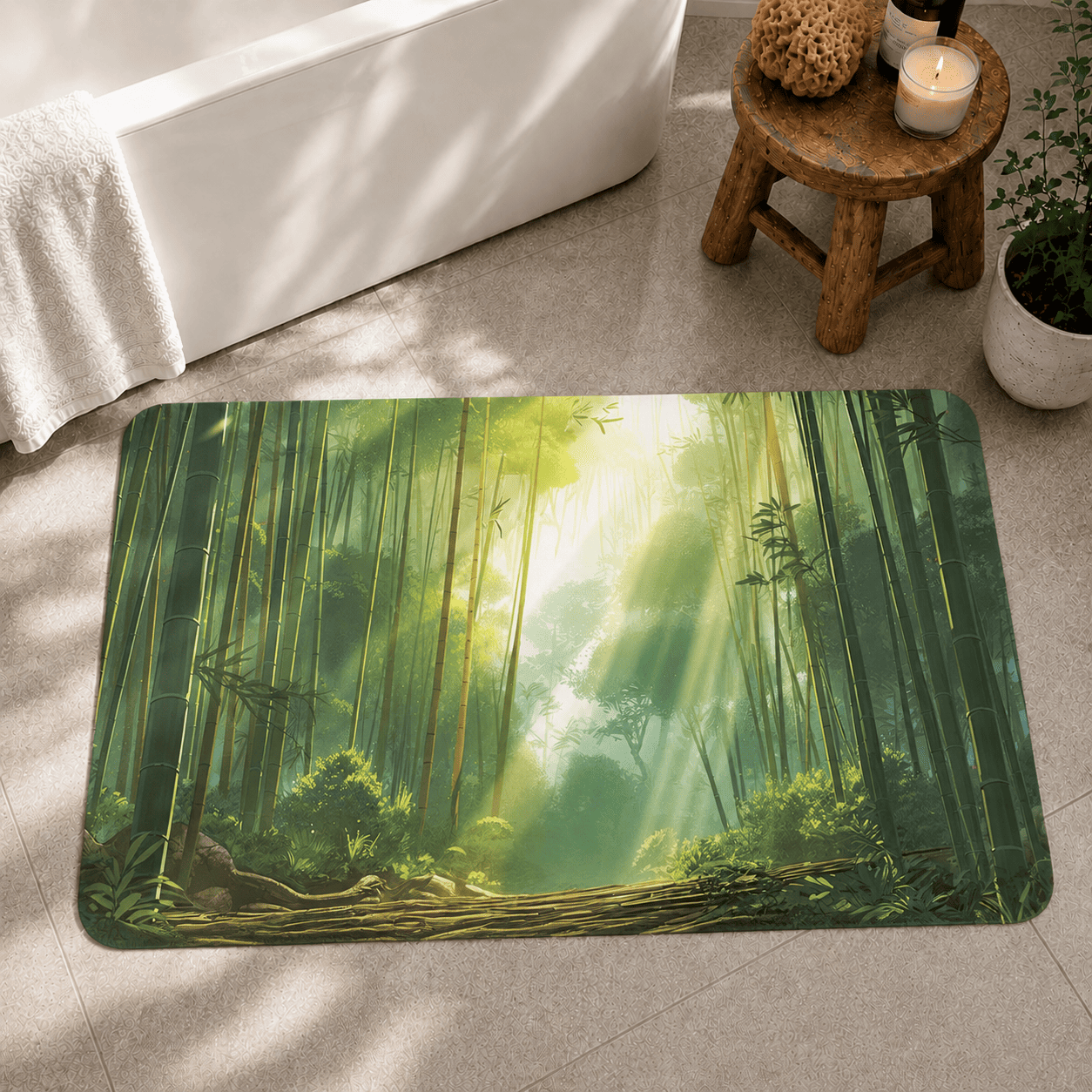 Bamboo Forest Kitchen Mat Quick Dry Super Absorbent Non Slip Sunlit Anime Scene