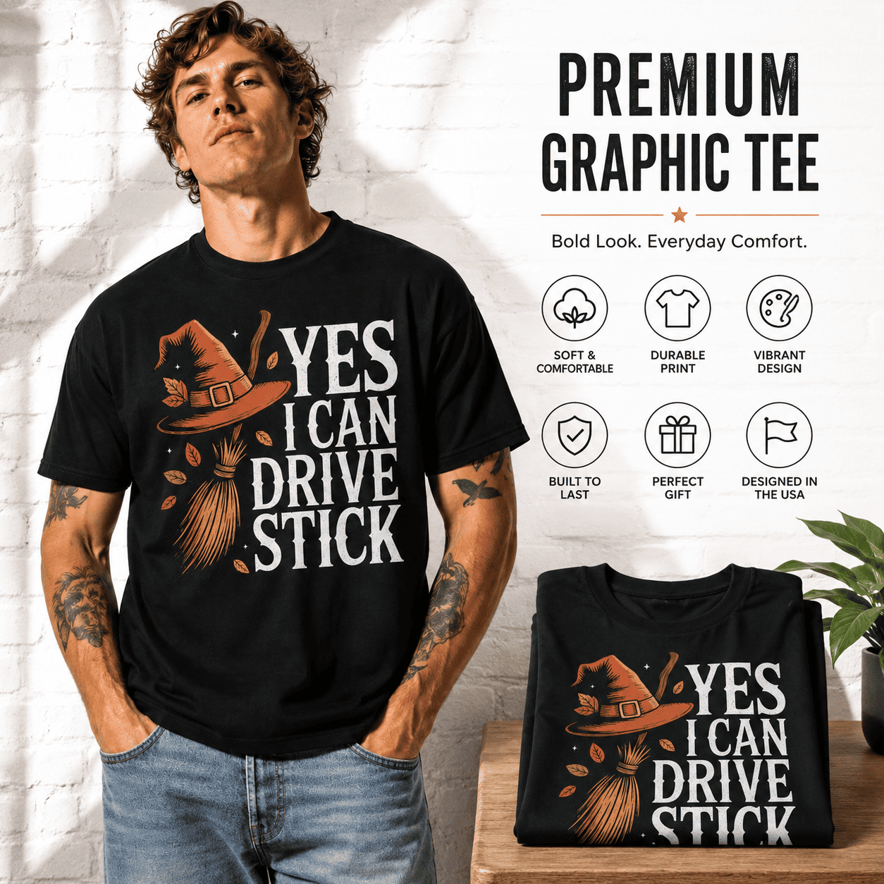 Yes I Can Drive Stick Funny Witch Broom Halloween Graphic Men's T-Shirt