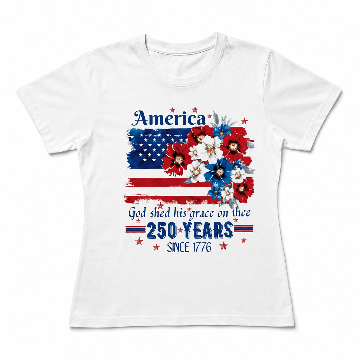 America 250 Years Semicentennial Graphic Tee - Patriotic Floral USA Flag T-Shirt