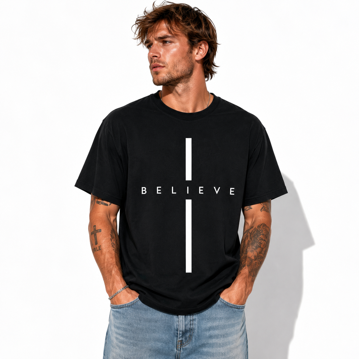 Believe Cross Christian Graphic Men's T-Shirt Faith Religious Tee
