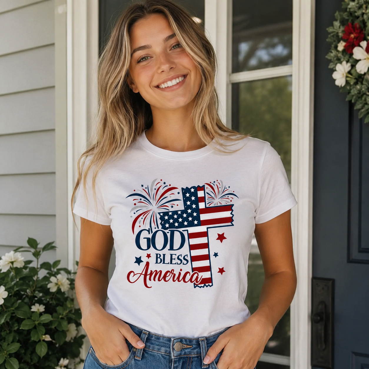 God Bless America Patriotic Cross Graphic Tee - Patriotic Fireworks T-Shirt