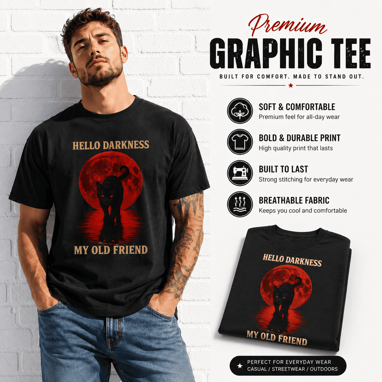 Hello Darkness My Old Friend Black Cat Blood Moon Gothic Men's T-Shirt