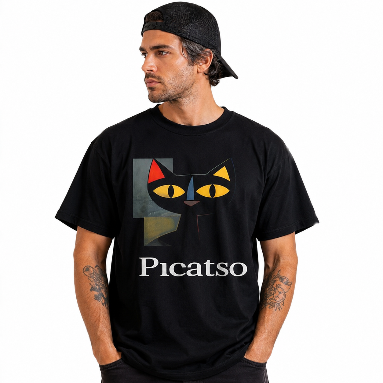 Picatso Funny Cat Art Graphic T-Shirt Cubist Parody Design Tee for Men