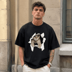 Cute Cat Graphic Tee Kitten Peek Hole Funny T-Shirt Casual Cotton Shirt