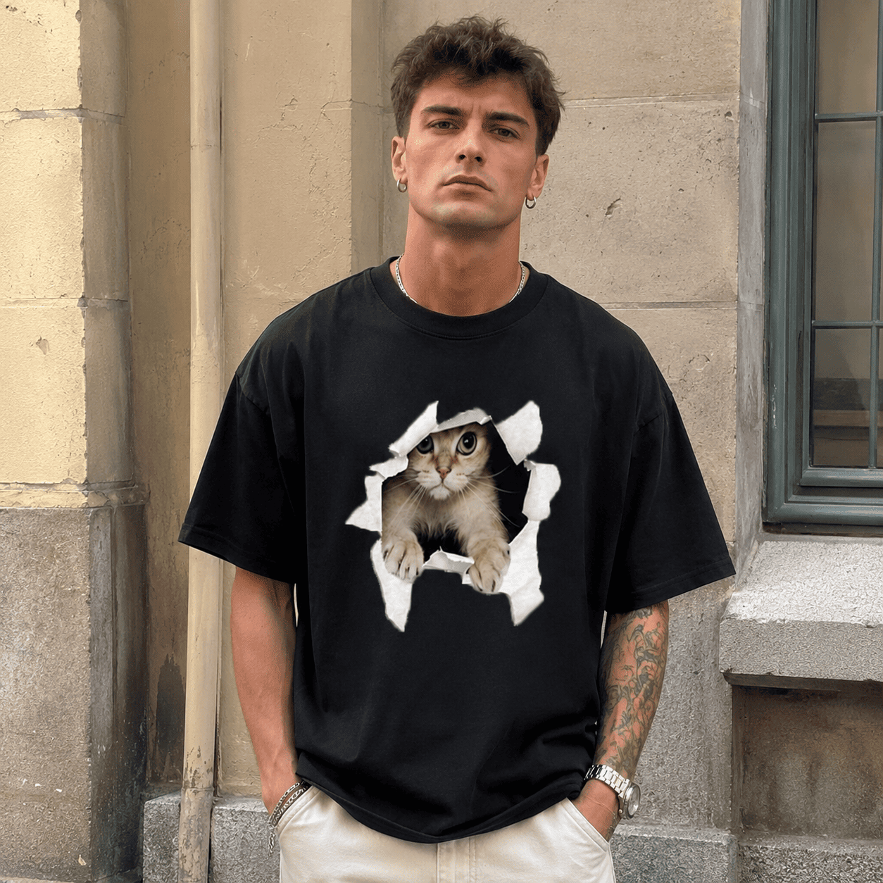 Cute Cat Graphic Tee Kitten Peek Hole Funny T-Shirt Casual Cotton Shirt