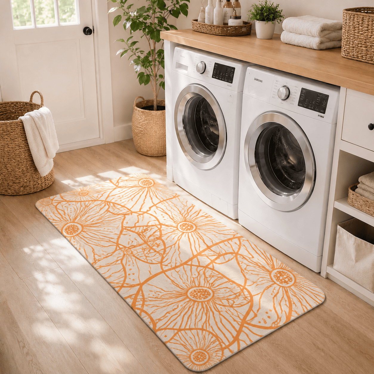 Orange Floral Summer Floor Mat Quick Dry Super Absorbent Non Slip Scandi Decor