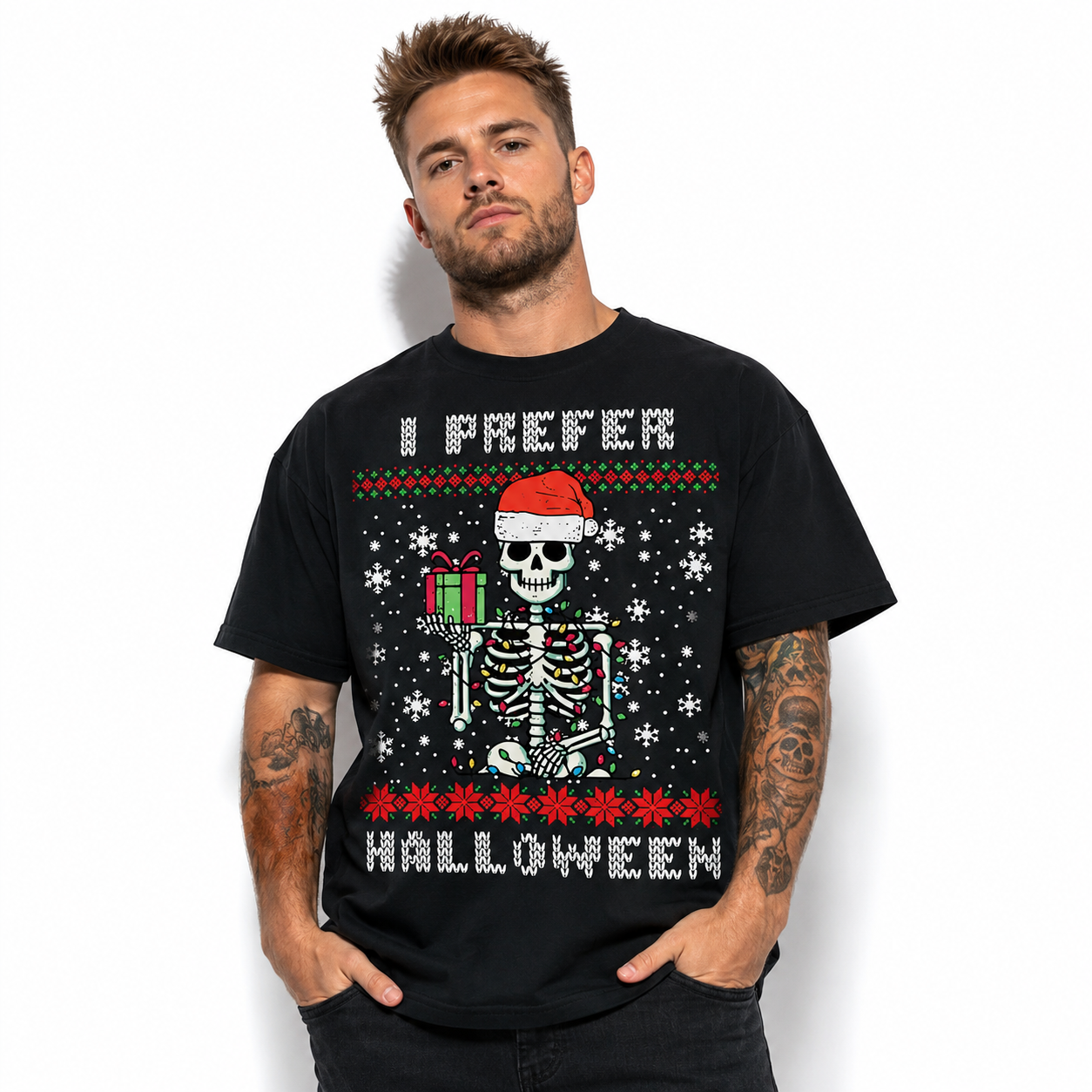 I Prefer Halloween Funny Christmas Skeleton Santa Holiday Graphic Men's T-Shirt
