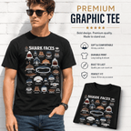 Shark Faces Species Chart Graphic T-Shirt Ocean Marine Life Tee for Men