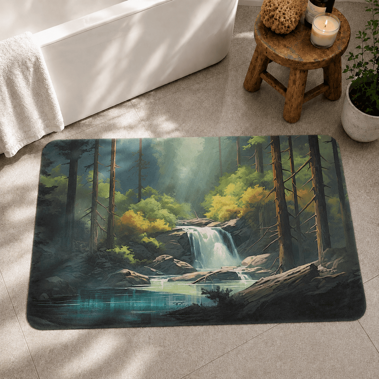 Forest Waterfall Floor Mat Quick Dry Super Absorbent Non Slip Nature Decor