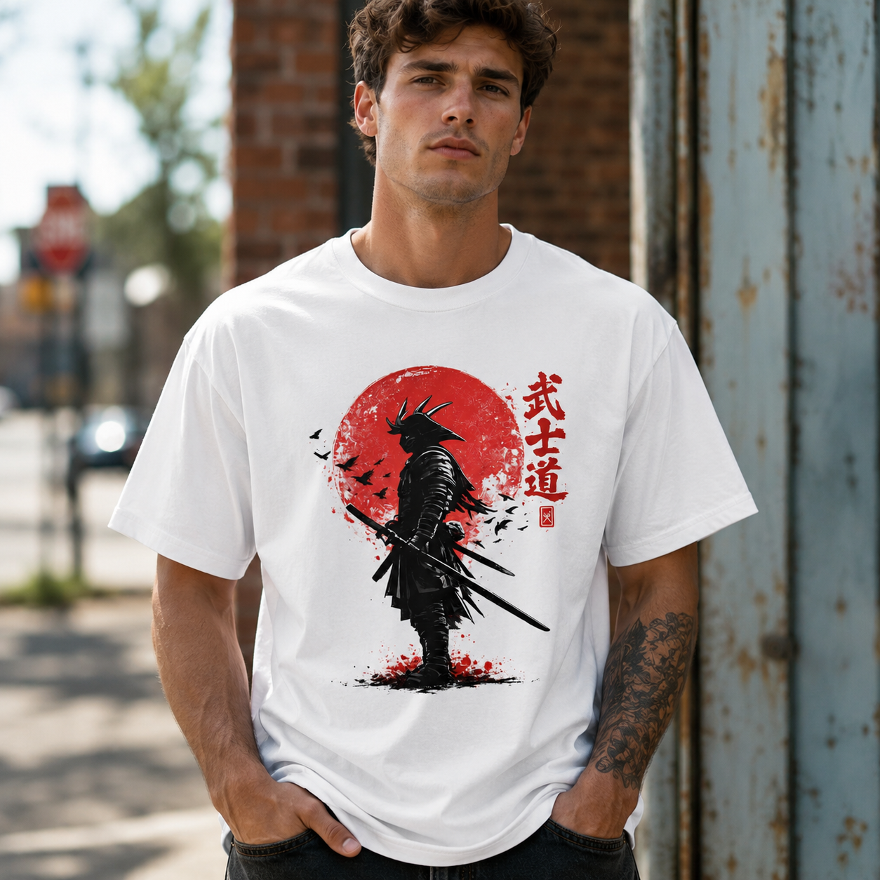 Samurai Warrior Red Sun Katana Graphic T-Shirt Japanese Fighter Tee