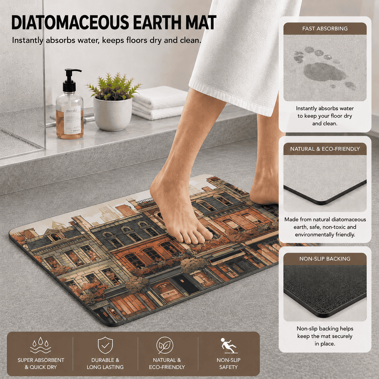 European Cityscape Bath Mat Quick Dry Super Absorbent Non Slip Anime Style
