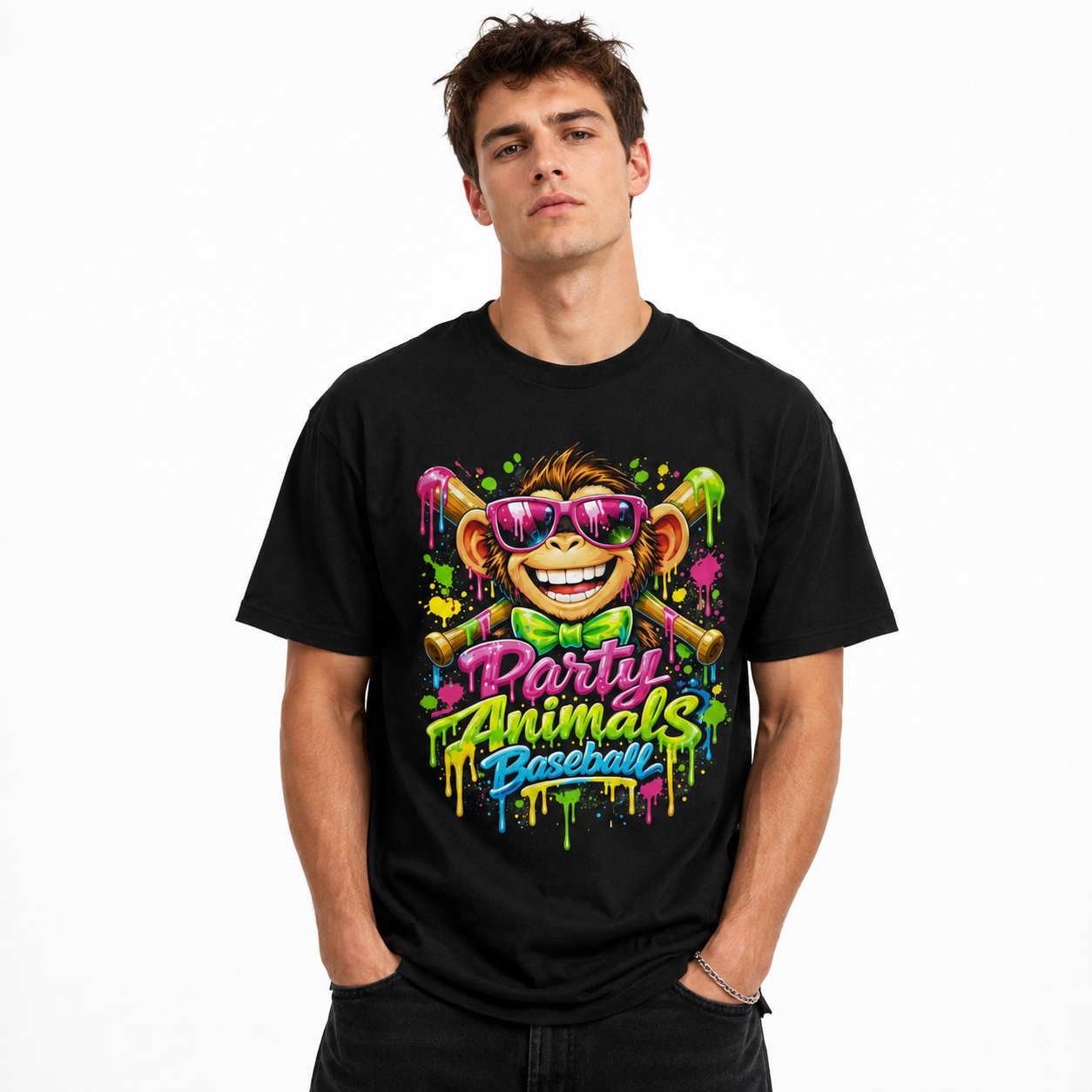 Party Animal Baseball Monkey Funny Sports Graphic T Shirt Men's Tee