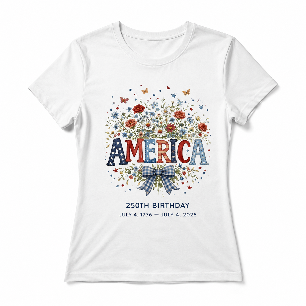 Women's USA 250th Birthday 1776–2026 Floral Butterfly Patriotic T-Shirt