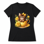 Women Cute Kitten Teacup Graphic T-Shirt Floral Cat Lover Casual Crew Neck Tee