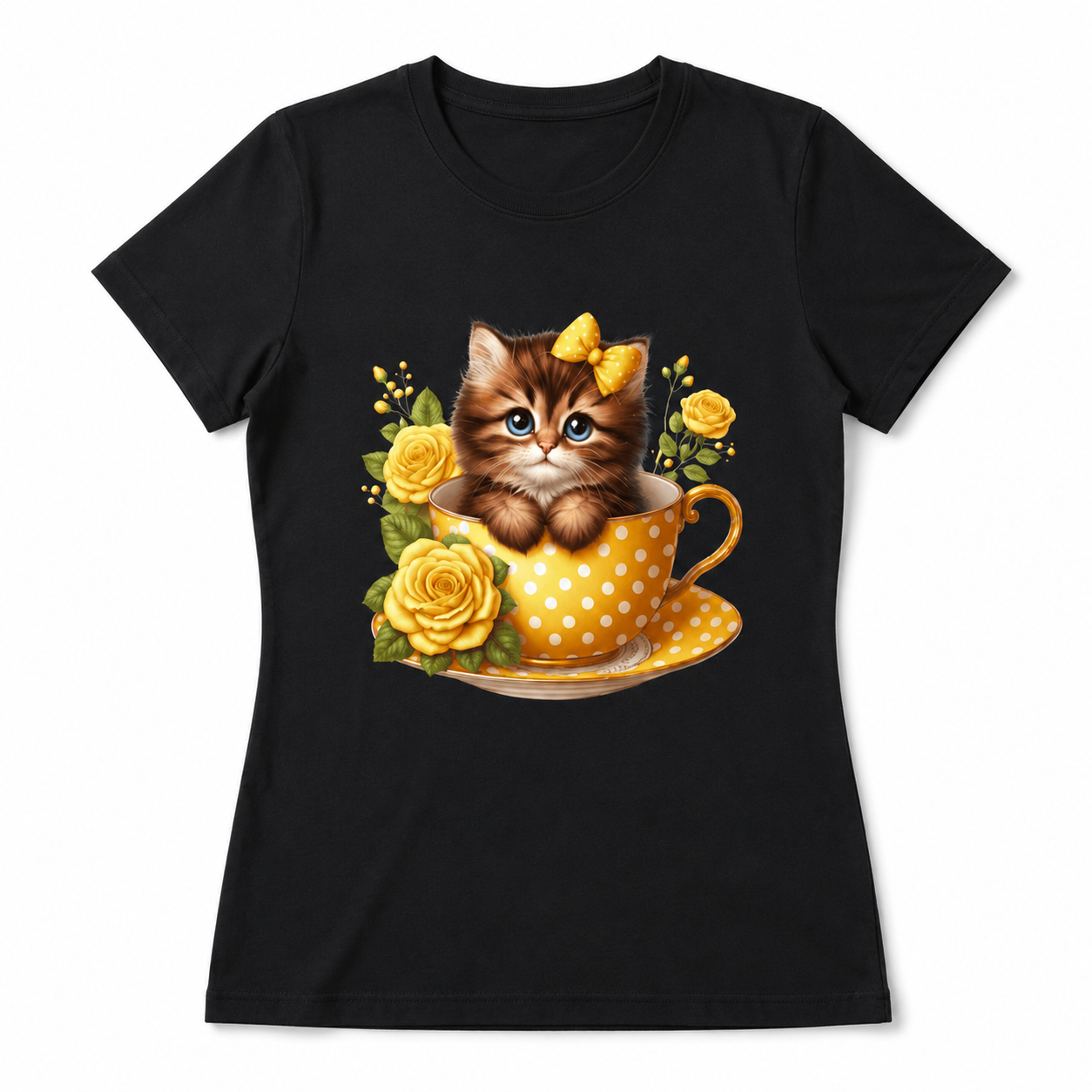 Women Cute Kitten Teacup Graphic T-Shirt Floral Cat Lover Casual Crew Neck Tee