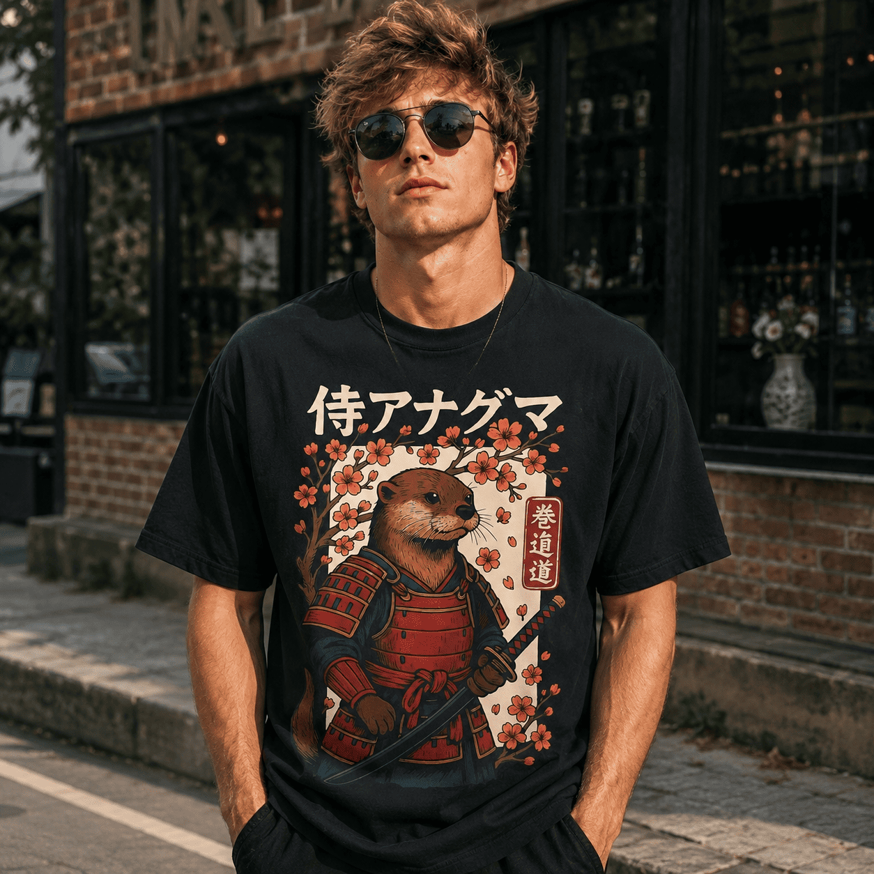 Otter Samurai Graphic T-Shirt Cute Japanese Warrior Animal Tee