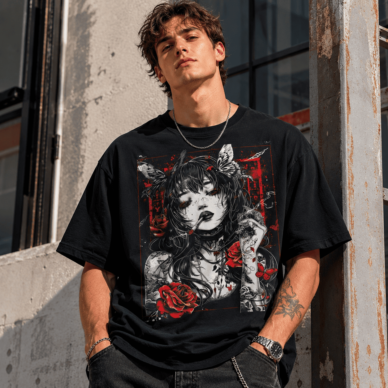 Anime Cyberpunk City T Shirt Gothic Roses Japanese Vintage Graphic Tee