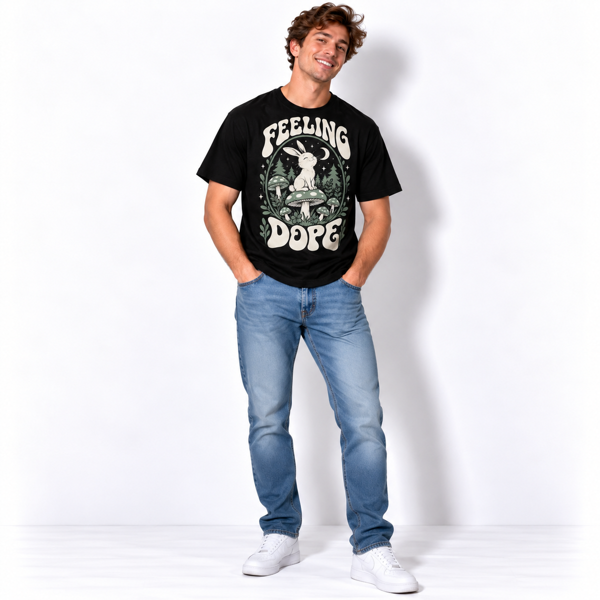 Feeling Dope Retro Rabbit Mushroom Forest Men's Graphic T-Shirt