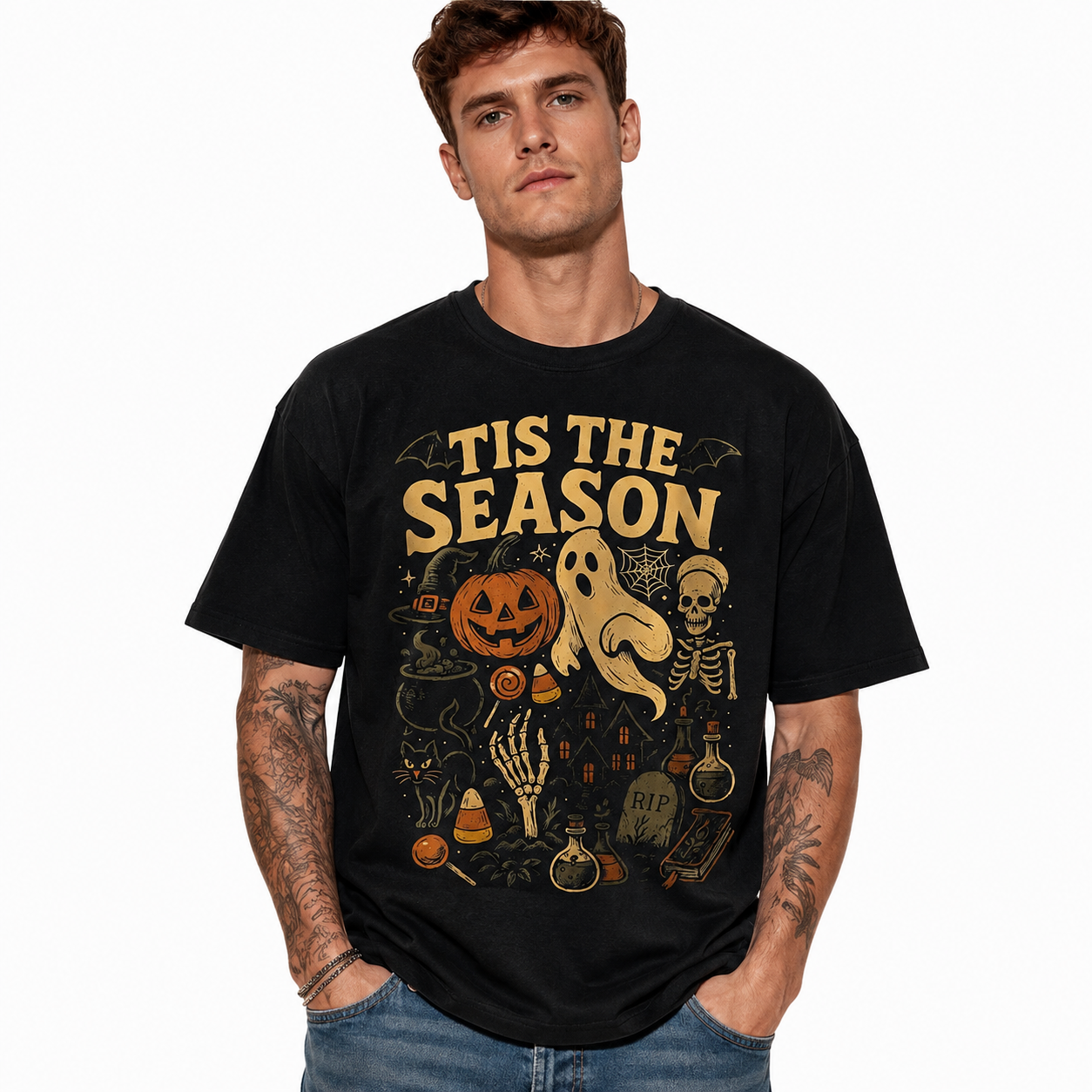 Tis The Season Halloween Ghost Pumpkin Skeleton Spooky Graphic Men's T-Shirt