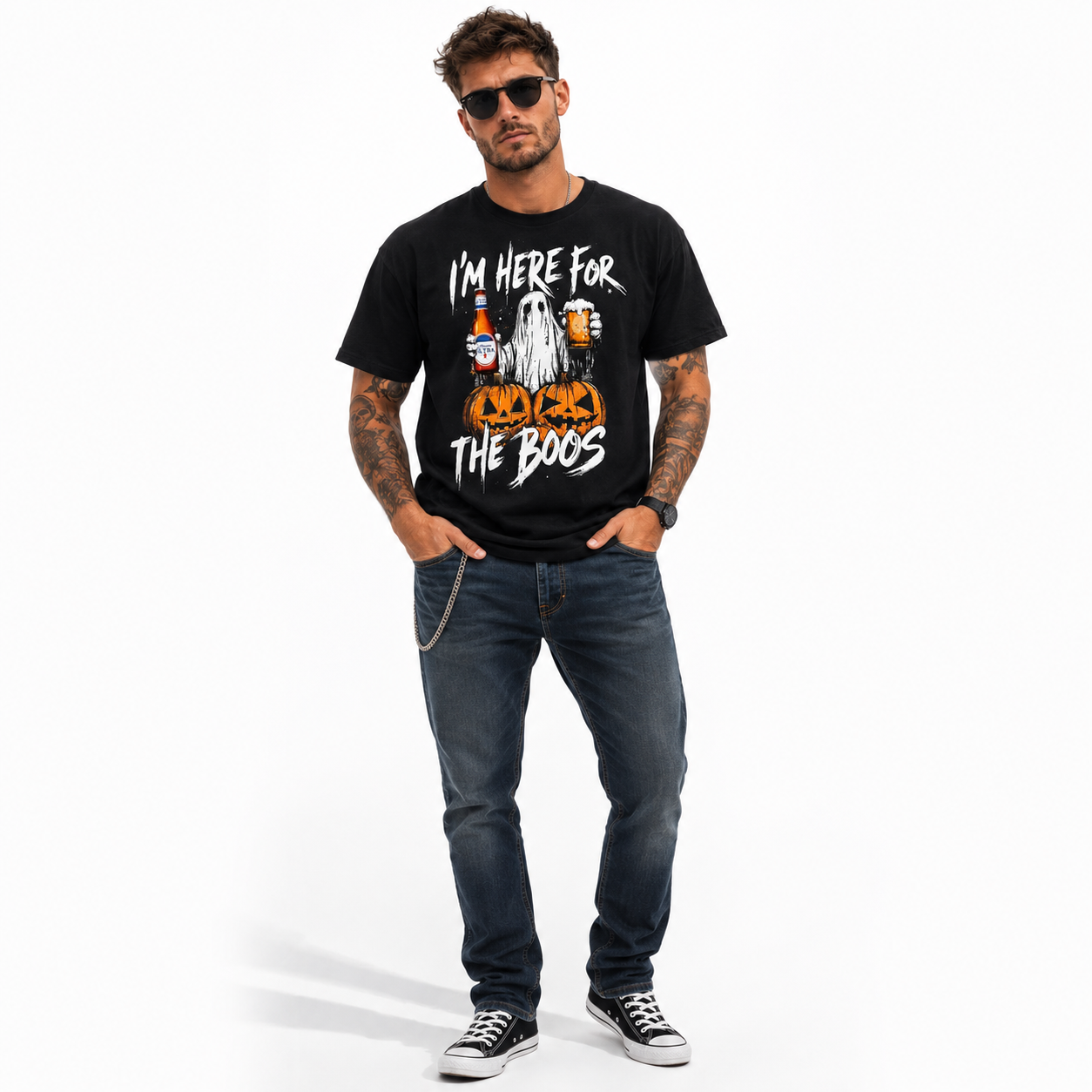 I'm Here for the Boos Ghost Beer Pumpkin Funny Halloween Graphic Men's T-Shirt