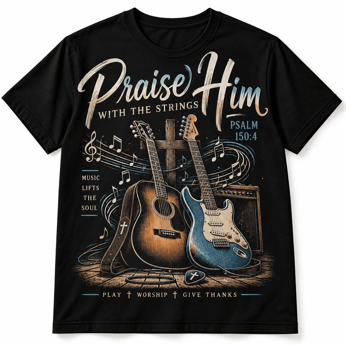 Praise Him With The Strings Christian Guitar Worship Men's T-Shirt
