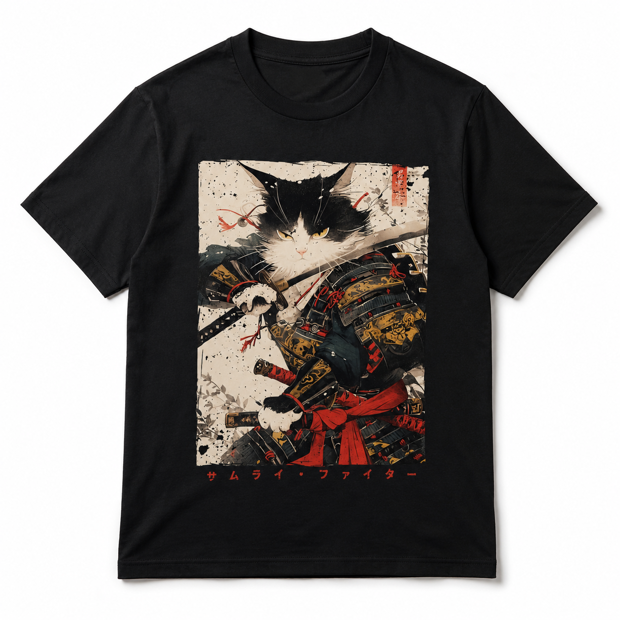 Samurai Cat Warrior T-Shirt Ukiyo Ink Japanese Art Graphic Streetwear Tee