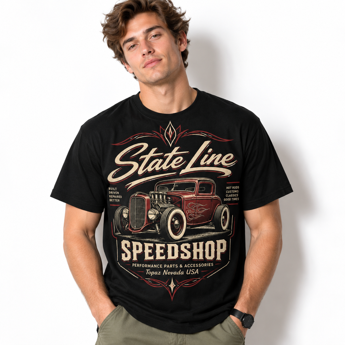State Line Speedshop Vintage Hot Rod Garage Classic Car Men's T-Shirt