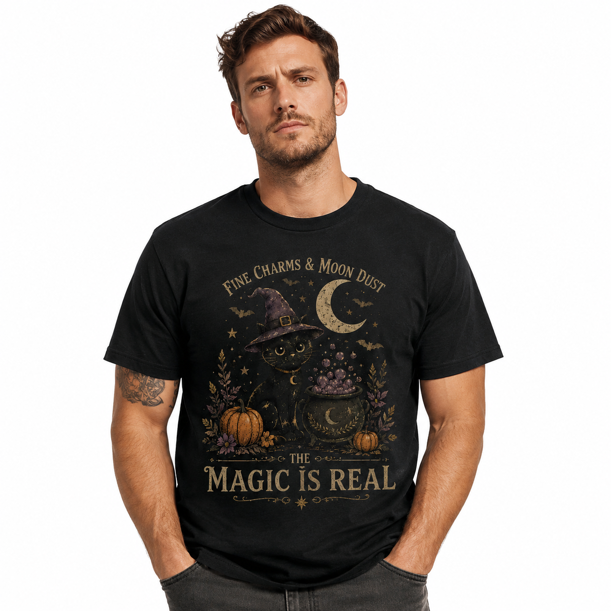 The Magic Is Real Black Cat Witch Halloween Gothic Graphic Men's T-Shirt