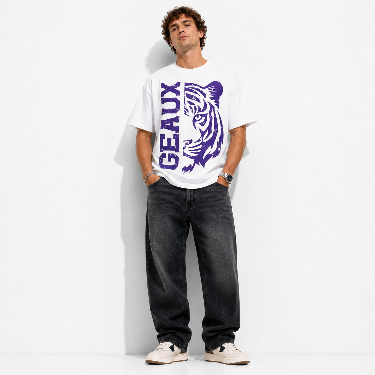 Purple Tiger Graphic T-Shirt Vintage Distressed Sports Fan Tee