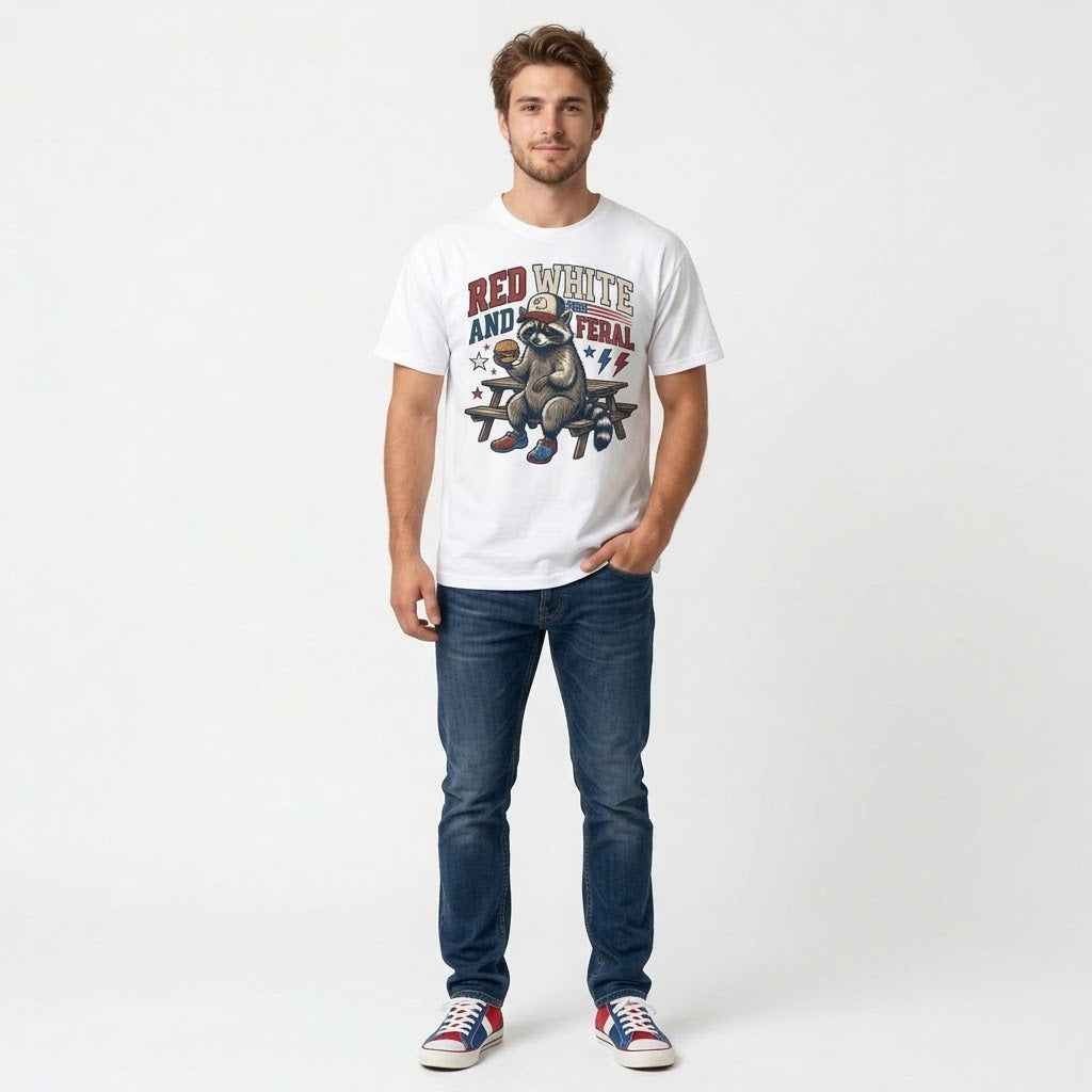 Funny Patriotic Raccoon Red White And Feral BBQ T-shirt