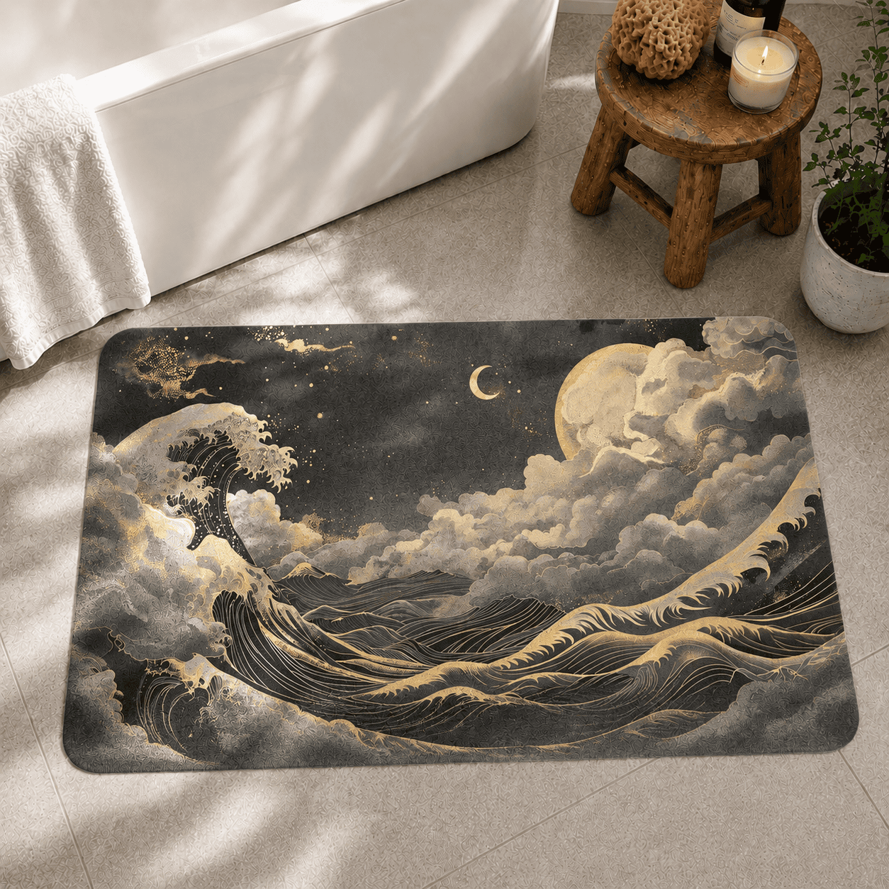 Japandi Bath Rug Moon & Stars Quick Dry Super Absorbent Non Slip