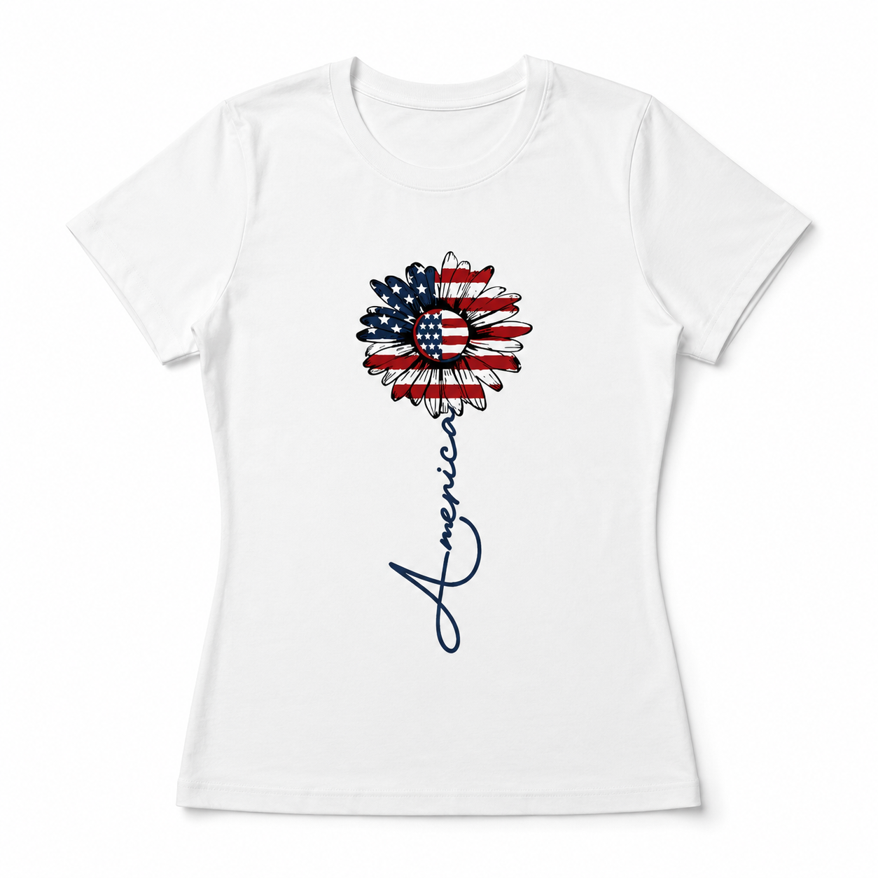 Patriotic USA Flag Sunflower Graphic Tee - America Script Floral Summer T-Shirt