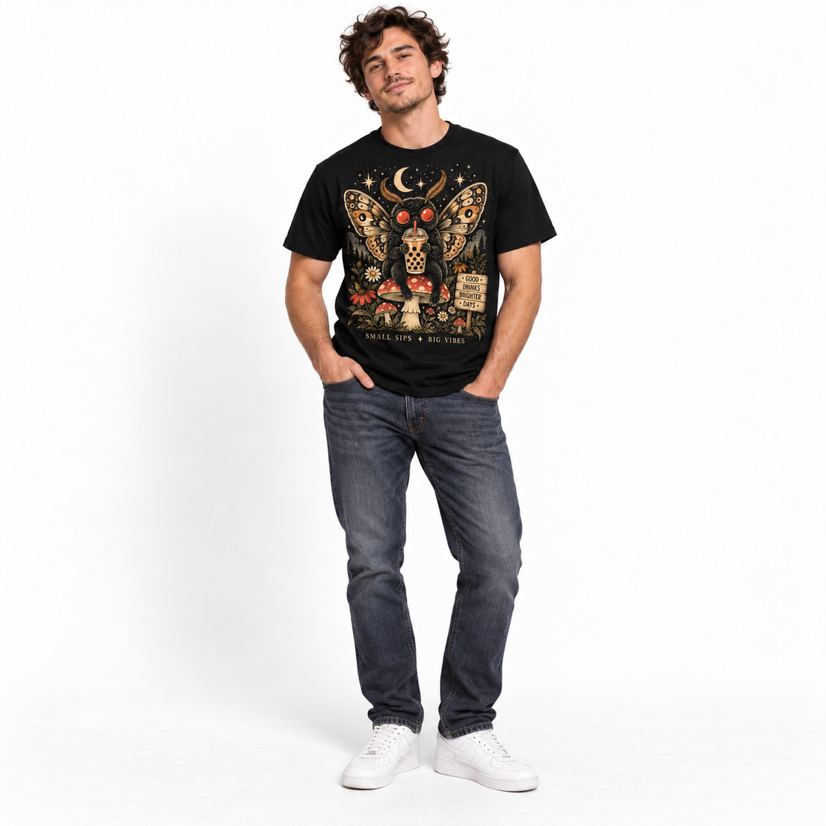 Cute Mothman Boba Tea Mushroom Forest Men's Graphic T-Shirt