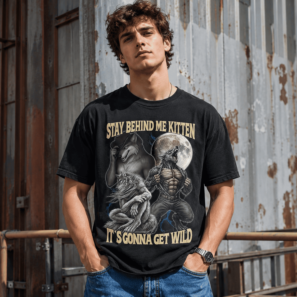 Stay Behind Me Kitten It’s Gonna Get Wild Wolf Funny Graphic T-Shirt
