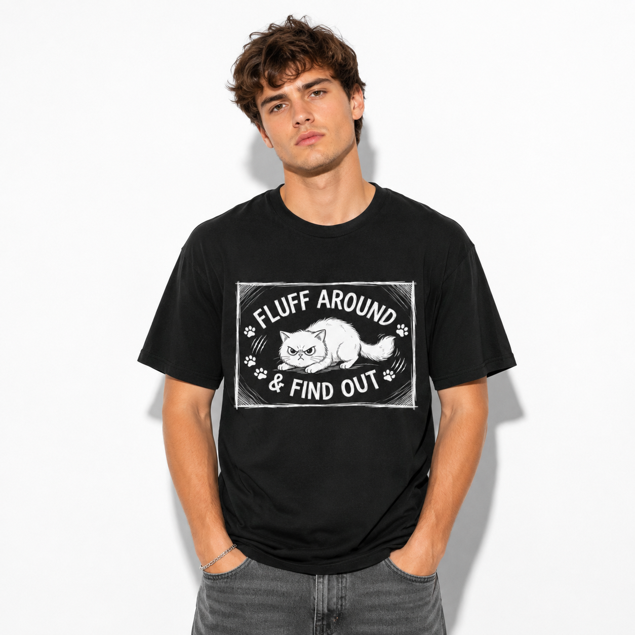 Fluff Around and Find Out Angry Cat Meme Funny Graphic T-Shirt for Men