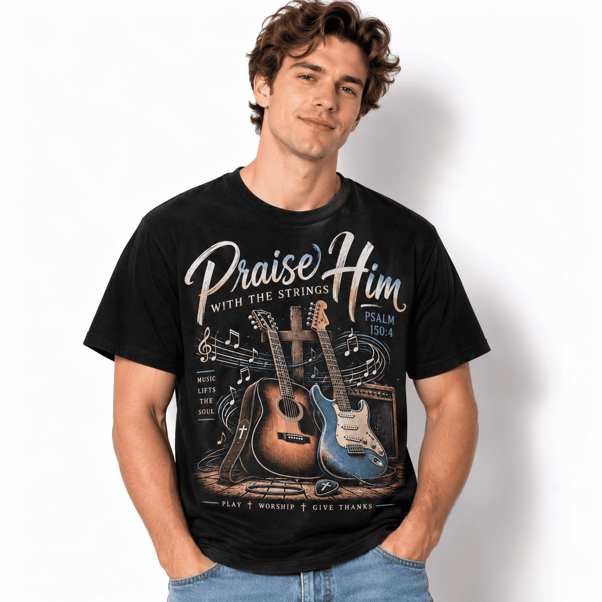 Praise Him With The Strings Christian Guitar Worship Men's T-Shirt