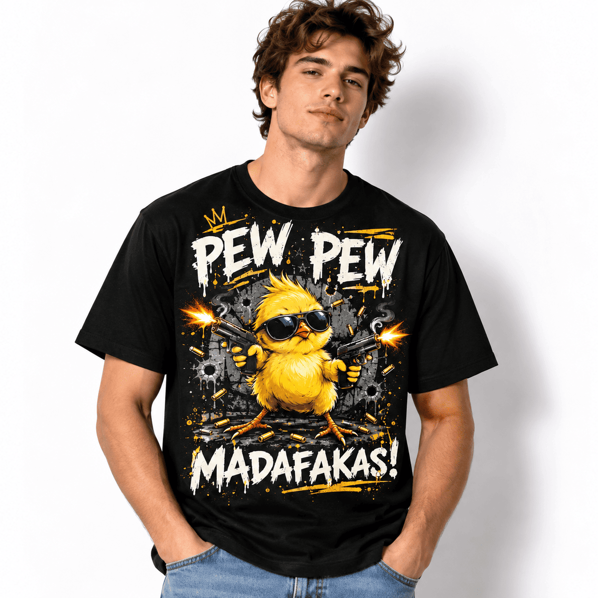 Funny Pew Pew Chick Action Cartoon Men's Graphic T-Shirt