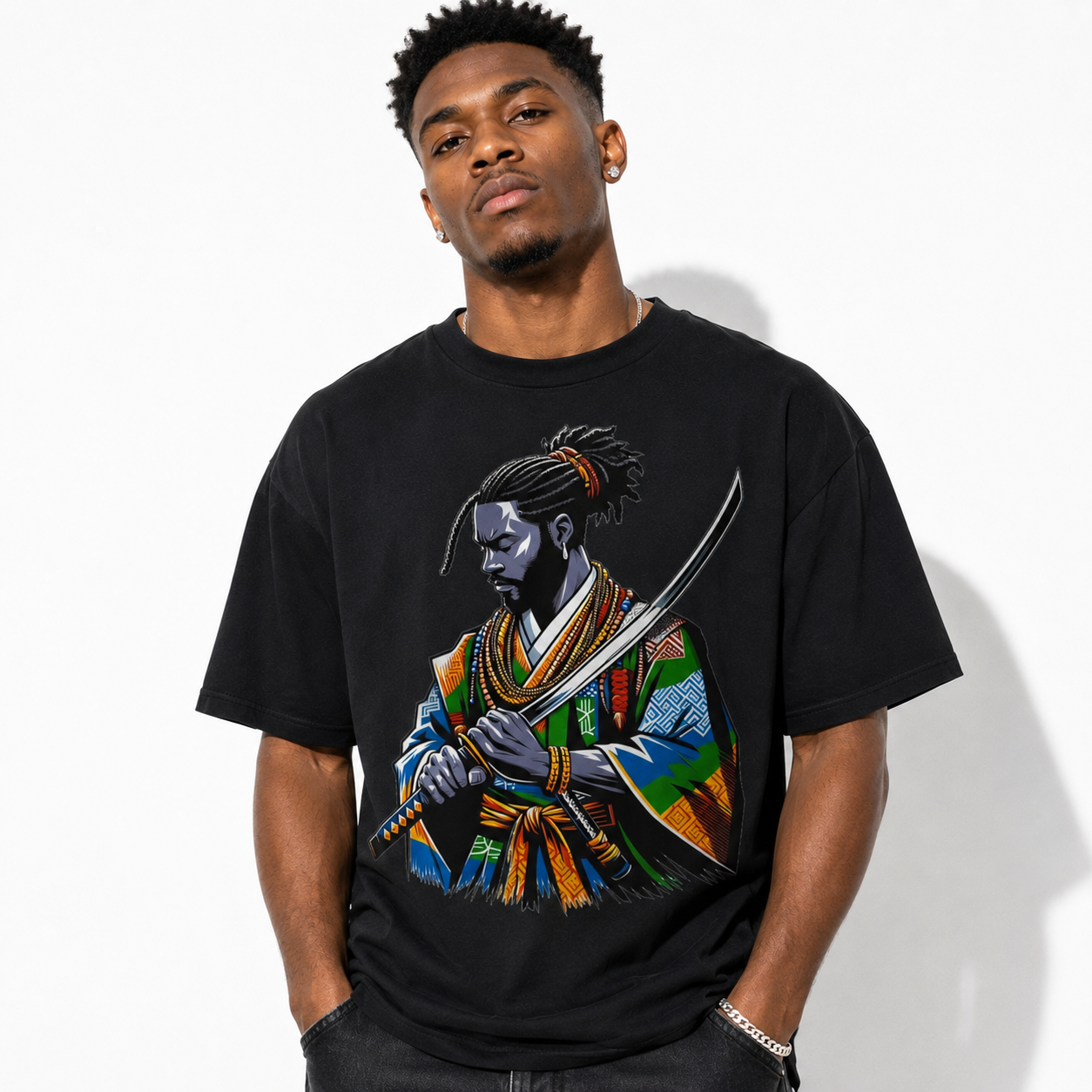 Samurai Warrior Katana Graphic T-Shirt Japanese Anime Style Tee