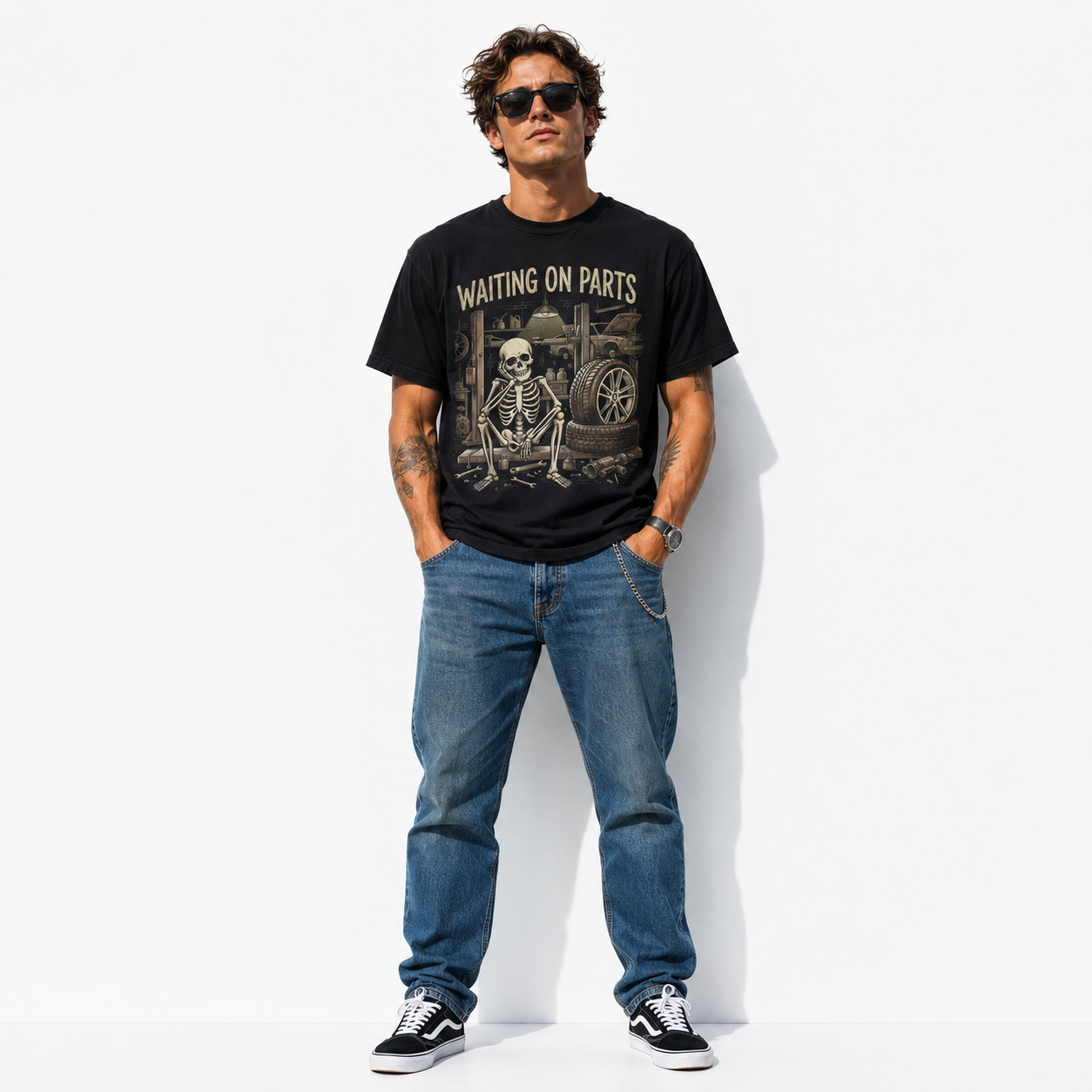 Waiting on Parts Skeleton Mechanic Car Garage Funny Men's Graphic T-Shirt