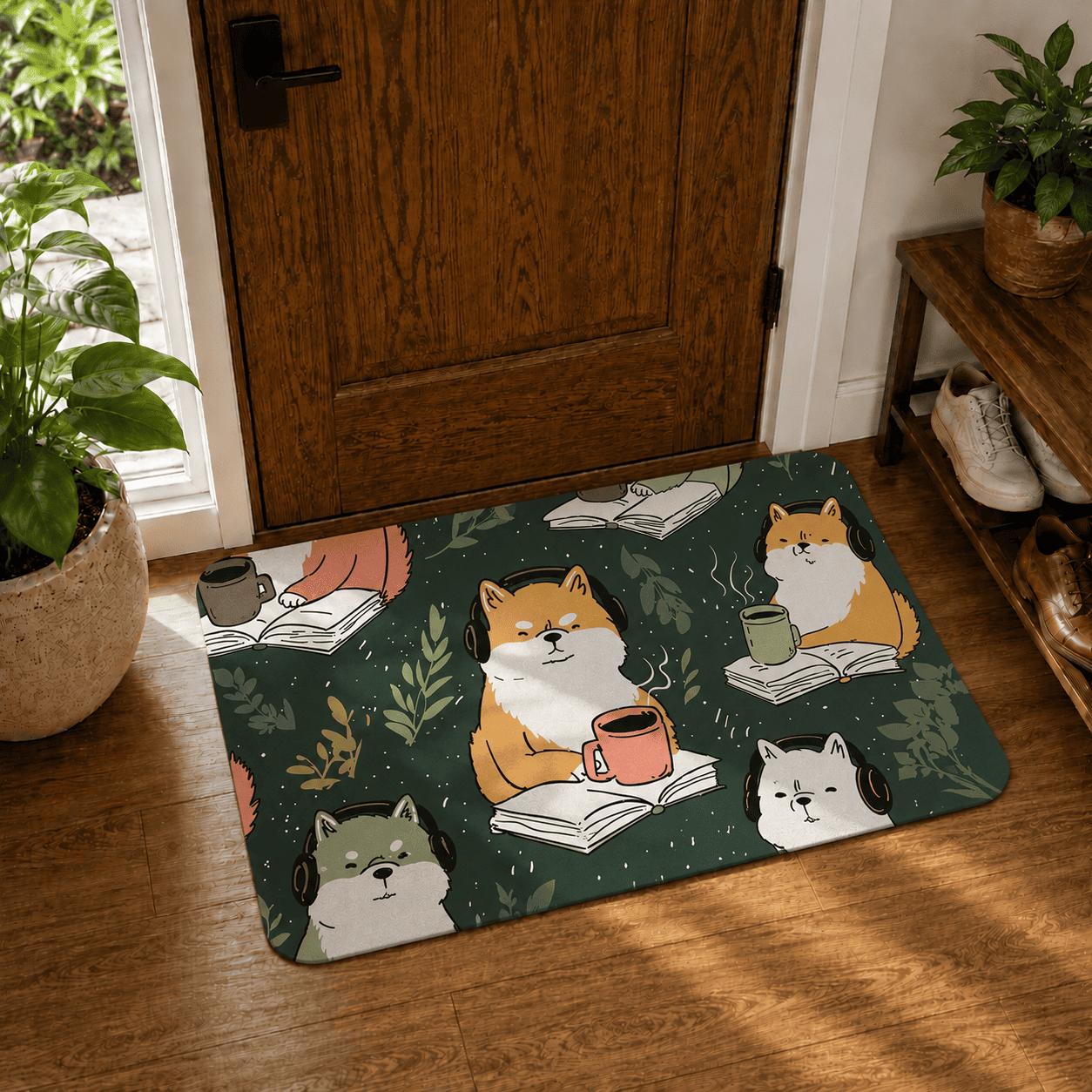 Shiba Inu Bath Mat Quick Dry Super Absorbent Non Slip Kawaii Botanical Design