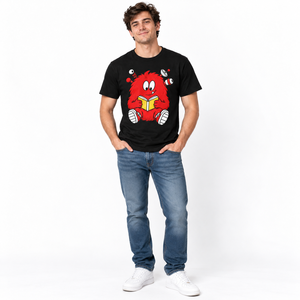 Cute Red Monster Reading Book Science Geek Men's Graphic T-Shirt