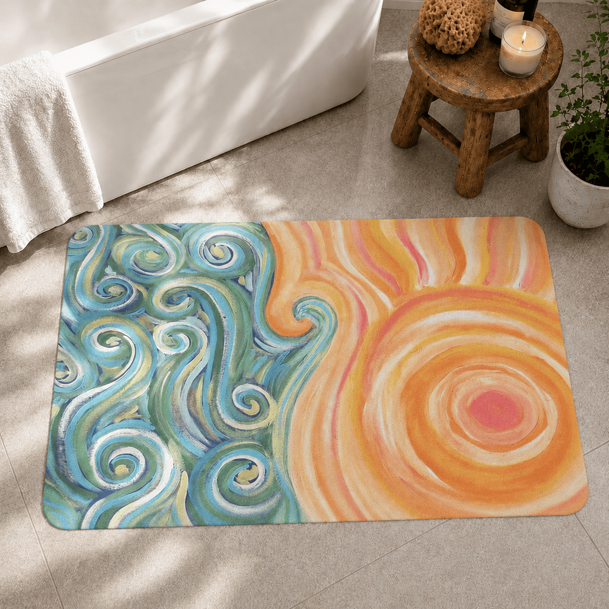 Blue and Orange Summer Vibe Modern Rug, Colorful Doormat, Sun and Sea Custom Design Living Room Carpet, Cute Bathmat, Nonslip Bedroom Rug,