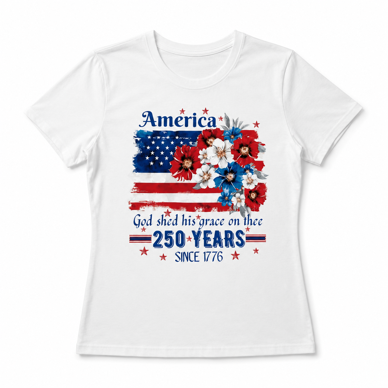 Women's 250th Anniversary American Flag Floral Patriotic Graphic T-Shirt