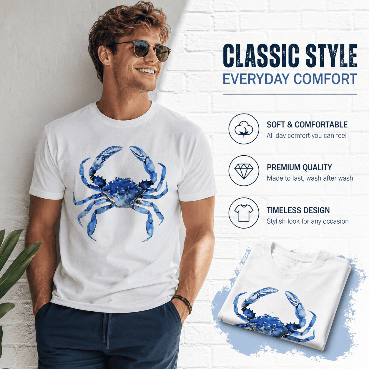 Blue Crab Coastal Graphic T-Shirt Ocean Seafood Beach Tee for Men